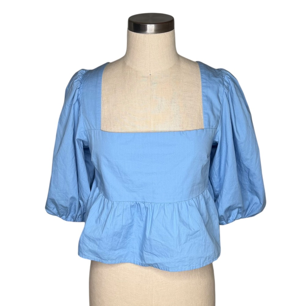 A&F Abercrombie & Fitch Puff Sleeve Top Blue Peplum Square Neck Women's Size S